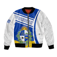 Blue and white bomber jacket with zip front, ribbed cuffs, Uruguay coat of arms on chest