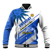 Unisex blue and white baseball jacket with Uruguay-themed graphic and striped rib trim