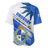 White and blue baseball jersey, back view with Uruguay sun emblem and laurels crest