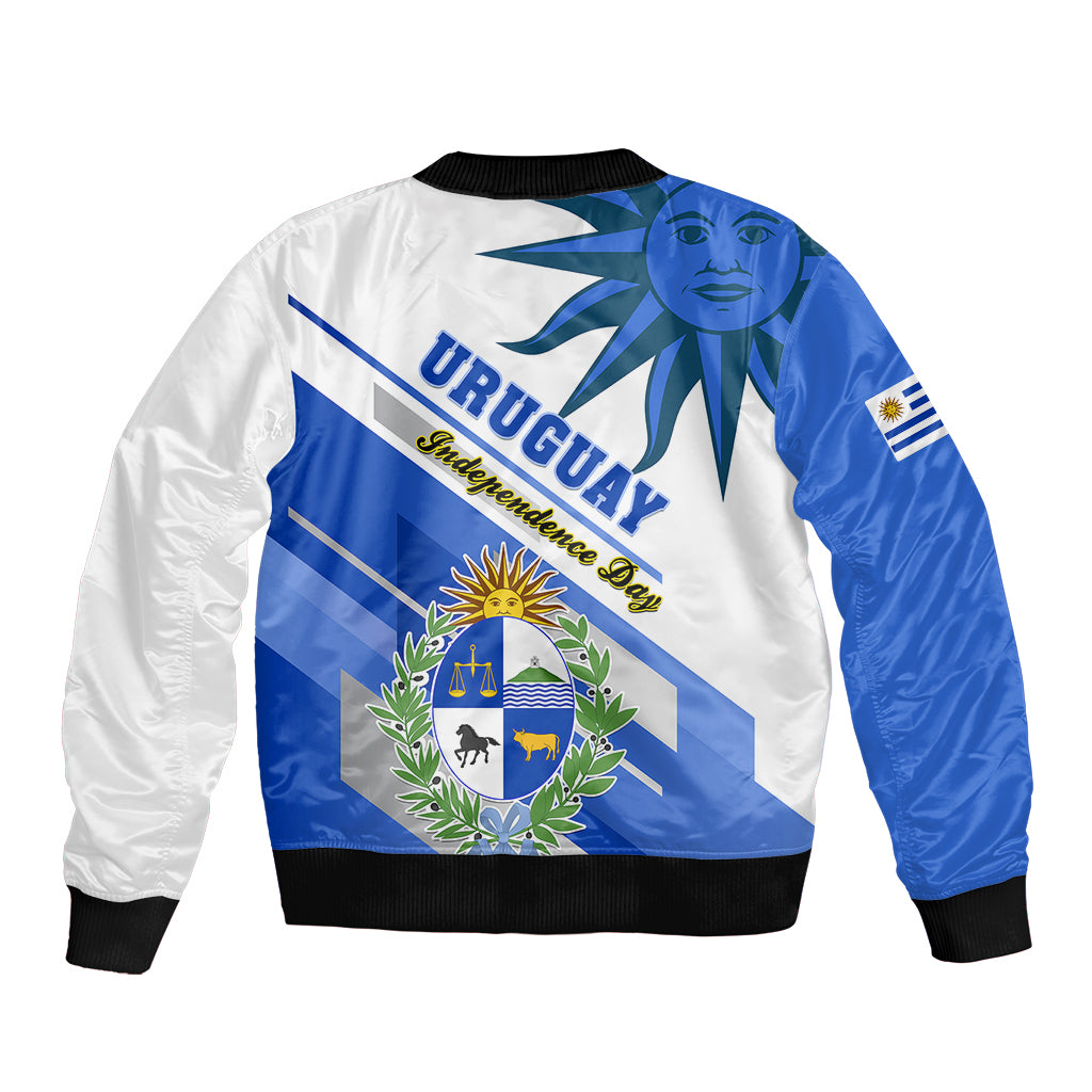 Unisex bomber jacket, white back with blue flag graphic and sun emblem, ribbed hem