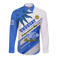 Blue and white long-sleeve button shirt with Uruguay Independence graphic on front