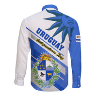 Blue and white long-sleeve button shirt with Uruguay Independence graphic on back