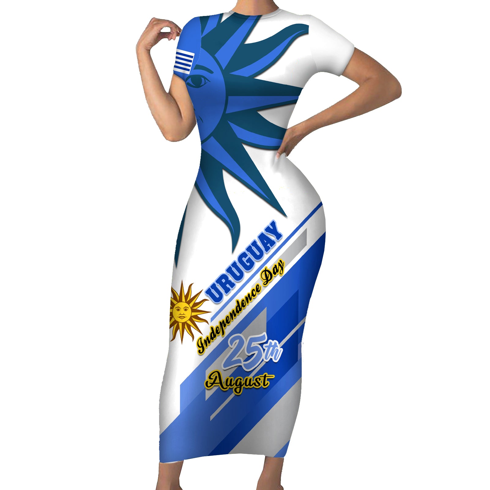 Uruguay Independence Day Short Sleeve Bodycon Dress Uruguayan Sol de Mayo Special Version - Wonder Print Shop