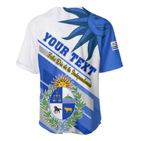 Blue and white baseball jersey with crest emblem and “YOUR TEXT” on back