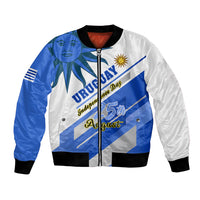 Personalized bomber jacket with blue, white and black ribbed collar, front zip graphic