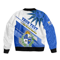 Personalized bomber jacket, blue and white back graphic with crest and ribbed hem