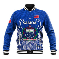 Blue rugby baseball jacket with Samoa crest, front snap buttons, striped ribbed collar