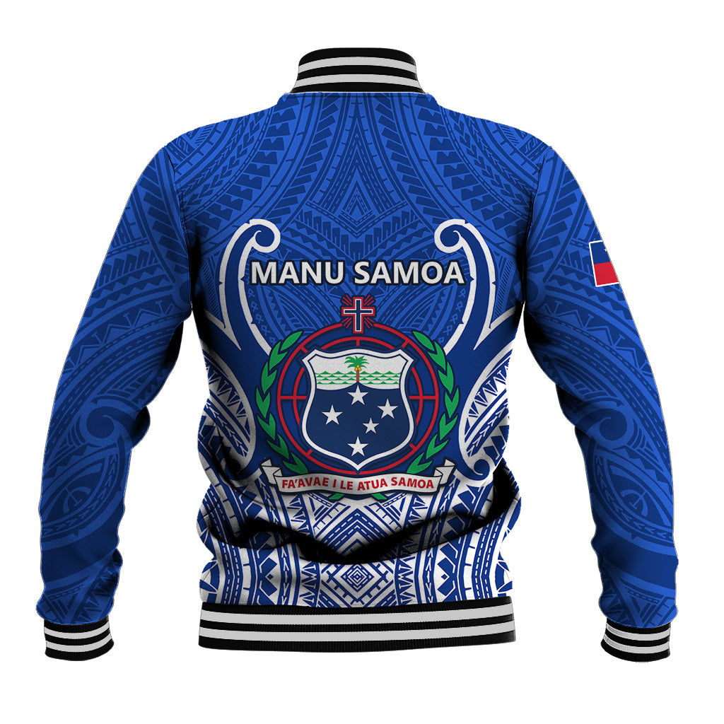 Blue rugby baseball jacket, back Manu Samoa text, crest emblem, striped ribbed cuffs