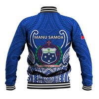 Blue rugby baseball jacket, back Manu Samoa text, crest emblem, striped ribbed cuffs
