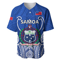 Blue V-neck rugby baseball jersey with Samoa crest and flag patch on chest