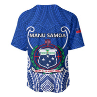 Blue V-neck rugby baseball jersey with Manu Samoa crest and red flag sleeve patch