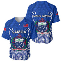 Blue V-neck rugby baseball jersey set, front and back, Samoa crest graphics