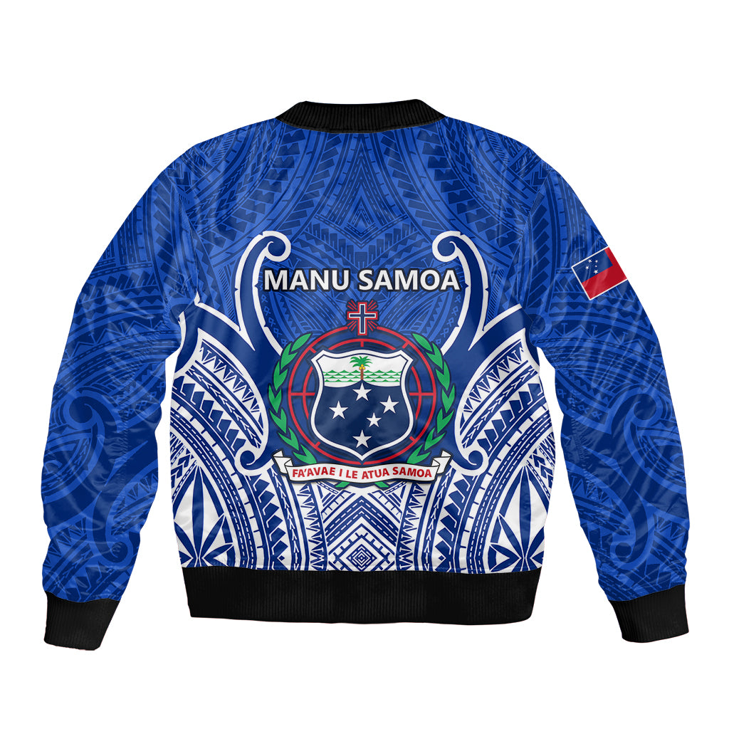 Blue bomber jacket with black rib trim and centered Manu Samoa crest on back.