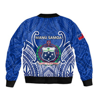 Blue bomber jacket with black rib trim and centered Manu Samoa crest on back.