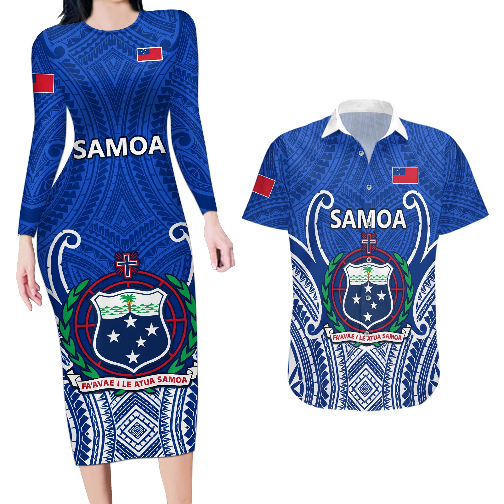 Samoa Rugby Couples Matching Long Sleeve Bodycon Dress and Hawaiian Shirt Manu Samoa Go 2023 World Cup - Wonder Print Shop