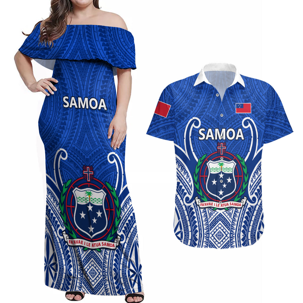 Samoa Rugby Couples Matching Off Shoulder Maxi Dress and Hawaiian Shirt Manu Samoa Go 2023 World Cup - Wonder Print Shop