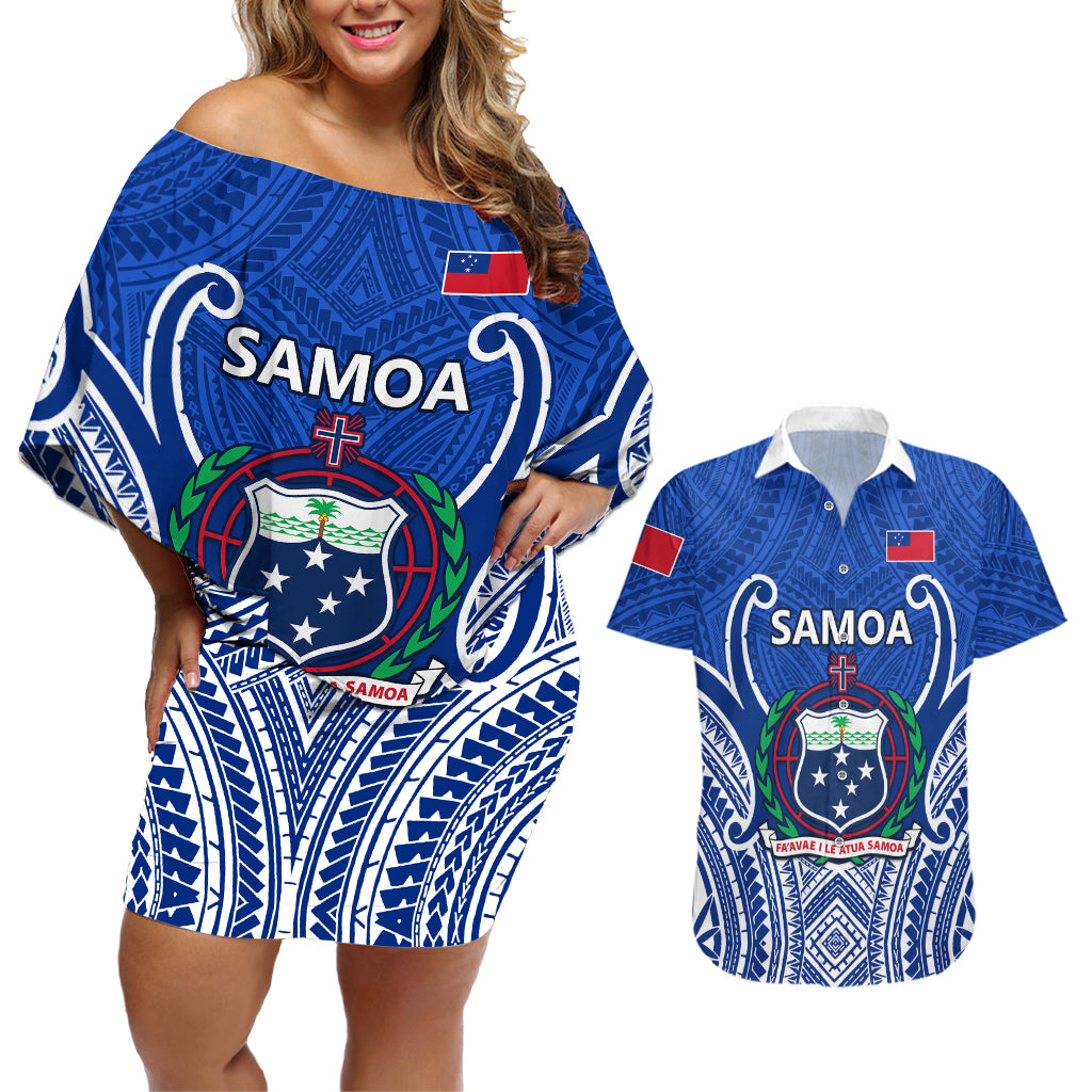 Samoa Rugby Couples Matching Off Shoulder Short Dress and Hawaiian Shirt Manu Samoa Go 2023 World Cup - Wonder Print Shop