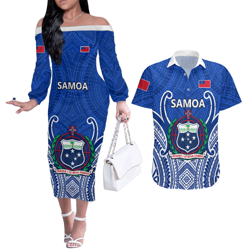 Samoa Rugby Couples Matching Off The Shoulder Long Sleeve Dress and Hawaiian Shirt Manu Samoa Go 2023 World Cup - Wonder Print Shop