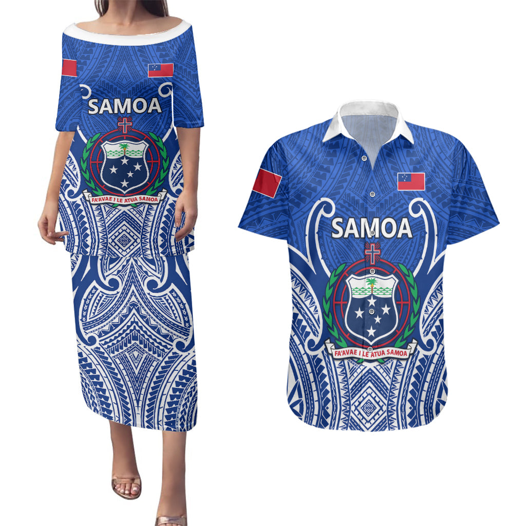 Samoa Rugby Couples Matching Puletasi Dress and Hawaiian Shirt Manu Samoa Go 2023 World Cup - Wonder Print Shop