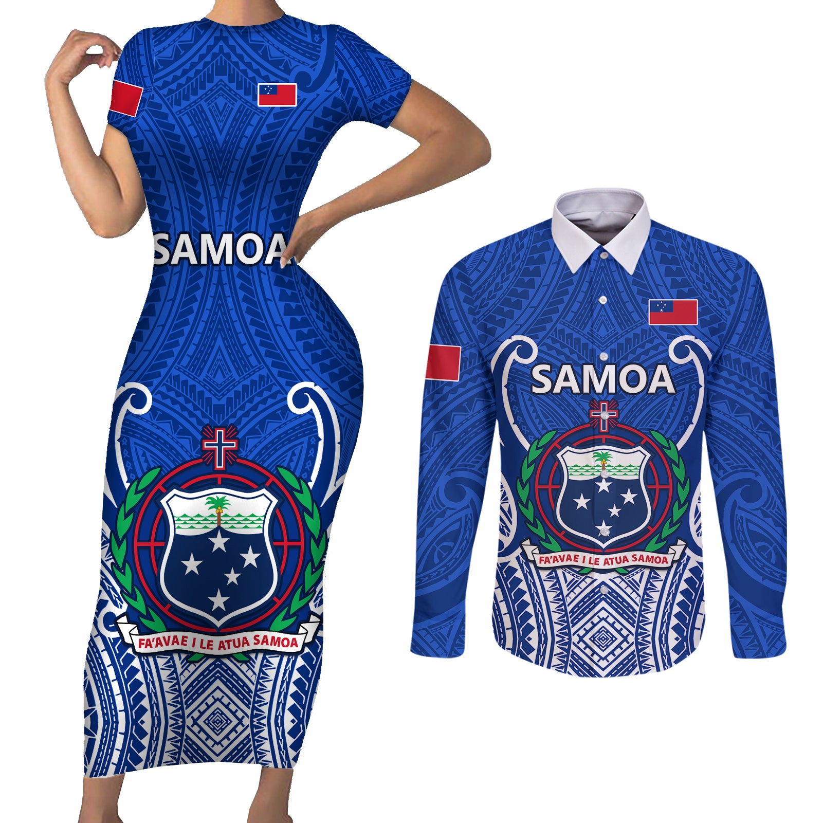 Samoa Rugby Couples Matching Short Sleeve Bodycon Dress and Long Sleeve Button Shirts Manu Samoa Go 2023 World Cup - Wonder Print Shop