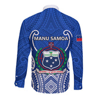 Blue long-sleeve rugby button shirt with Samoa crest on back, white collar