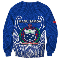 Blue crewneck rugby sweatshirt with MANU SAMOA crest graphic and small flag detail