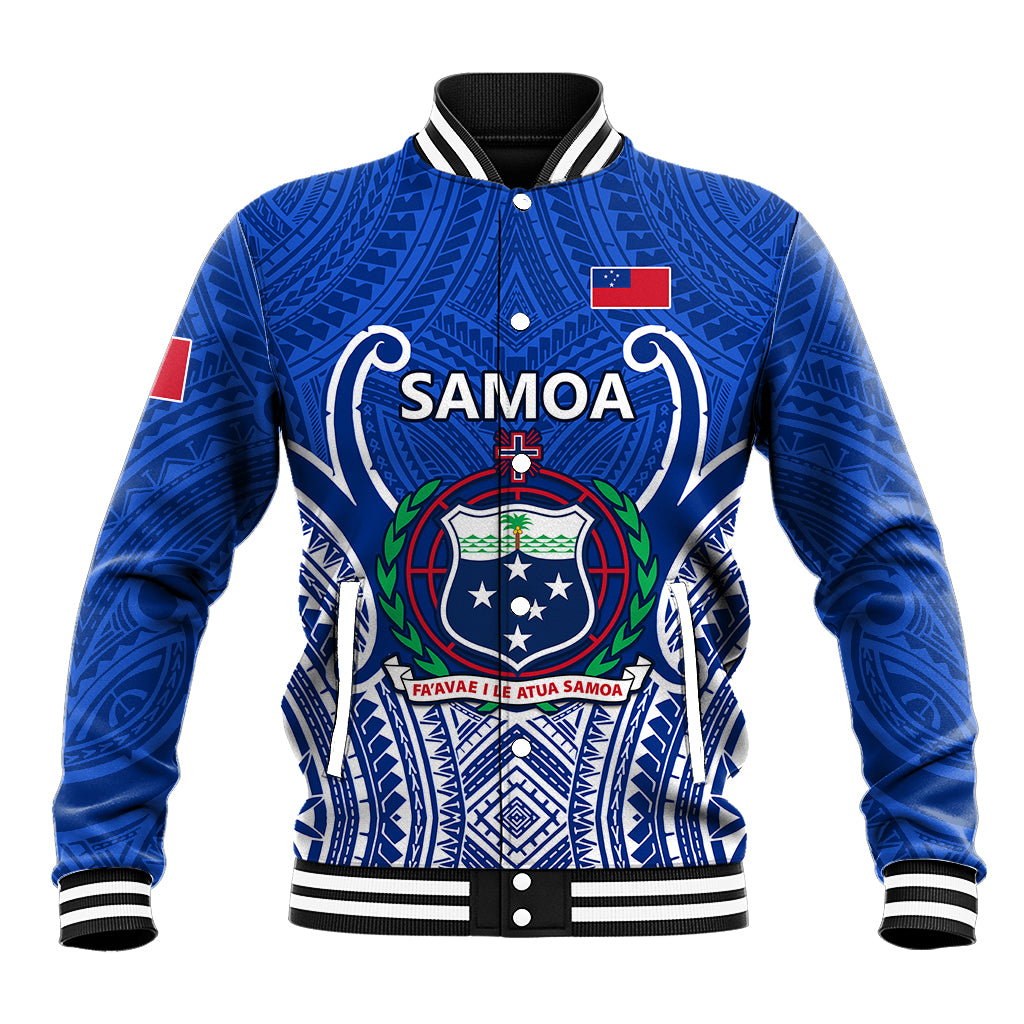 Blue Samoa rugby baseball jacket with striped collar, front crest and 'Samoa' logo