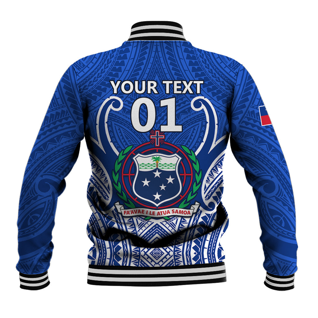 Blue rugby baseball jacket with striped collar; back 'YOUR TEXT 01' crest graphic