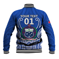 Blue rugby baseball jacket with striped collar; back 'YOUR TEXT 01' crest graphic