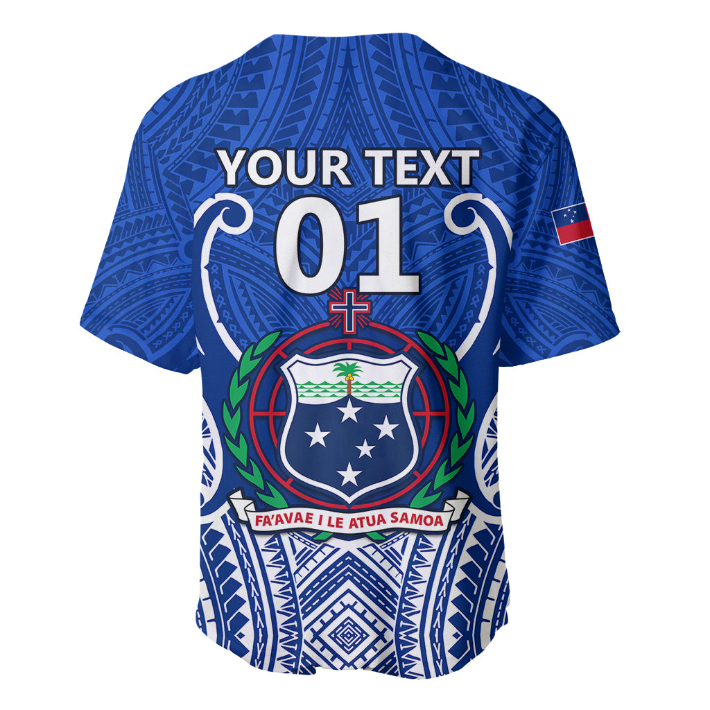 Blue back rugby jersey with YOUR TEXT 01, Samoa crest emblem, and flag patch