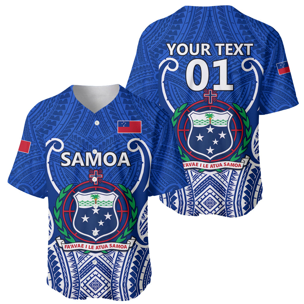 Blue rugby baseball jersey front and back, Samoa crest, V-neck, and number 01
