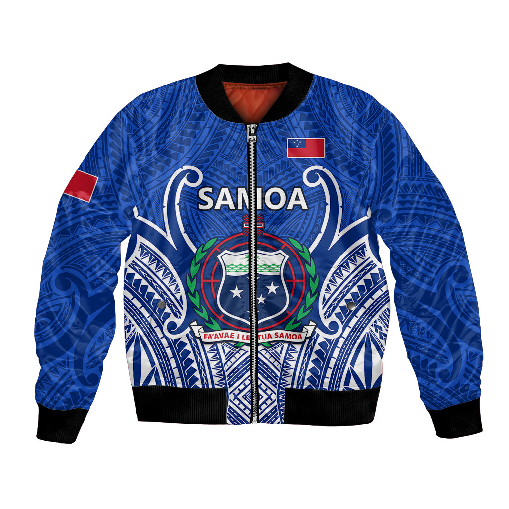 Blue bomber jacket with full-zip front, black rib trim, Samoa crest and emblem on chest.