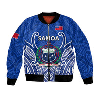 Blue bomber jacket with full-zip front, black rib trim, Samoa crest and emblem on chest.