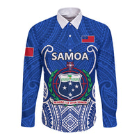 Blue long-sleeve rugby button shirt with Samoa crest graphic on chest