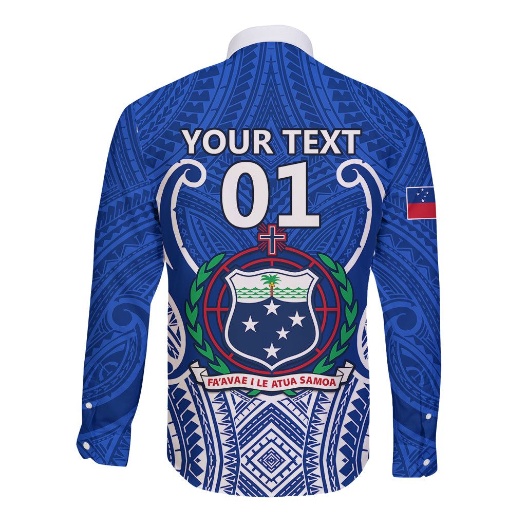Blue long-sleeve rugby button shirt, back shows 'YOUR TEXT 01' and crest
