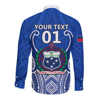 Blue long-sleeve rugby button shirt, back shows 'YOUR TEXT 01' and crest