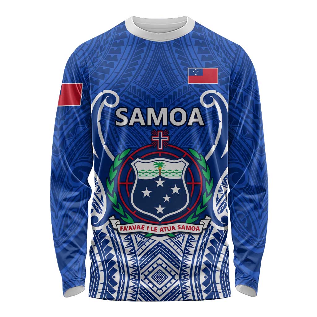 Blue long-sleeve rugby shirt with white collar, Samoan crest and flag patch
