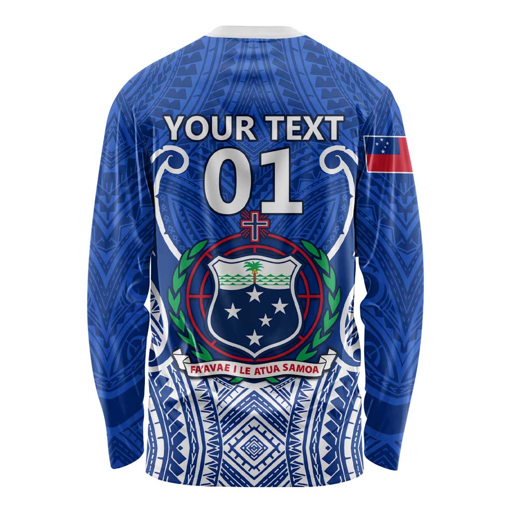 Back of blue long-sleeve rugby shirt with 'YOUR TEXT', '01', crest and flag