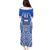Blue off-shoulder long rugby dress with custom text '01' and tribal print back