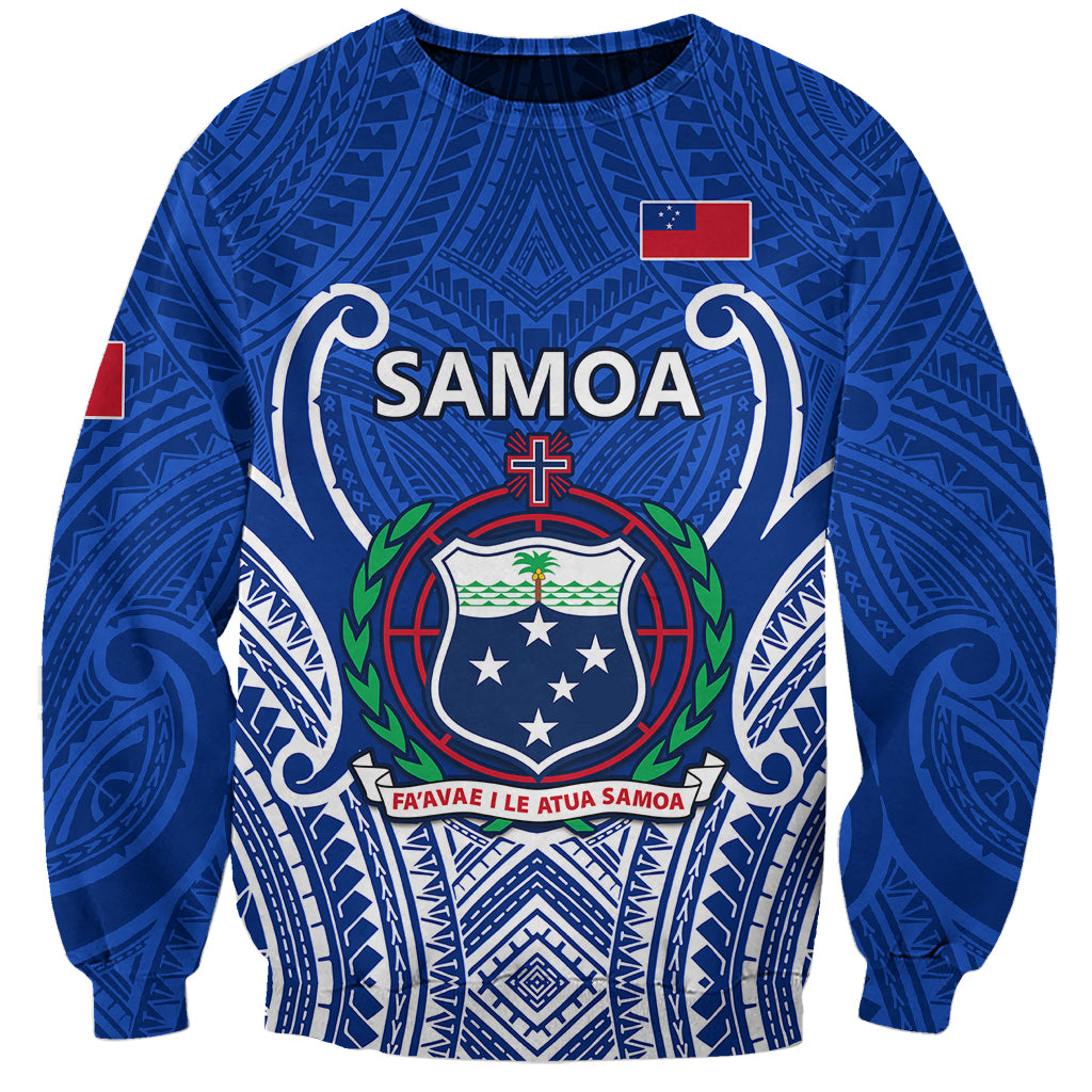 Blue Samoa rugby sweatshirt with large front crest, 'Samoa' lettering, and long sleeves
