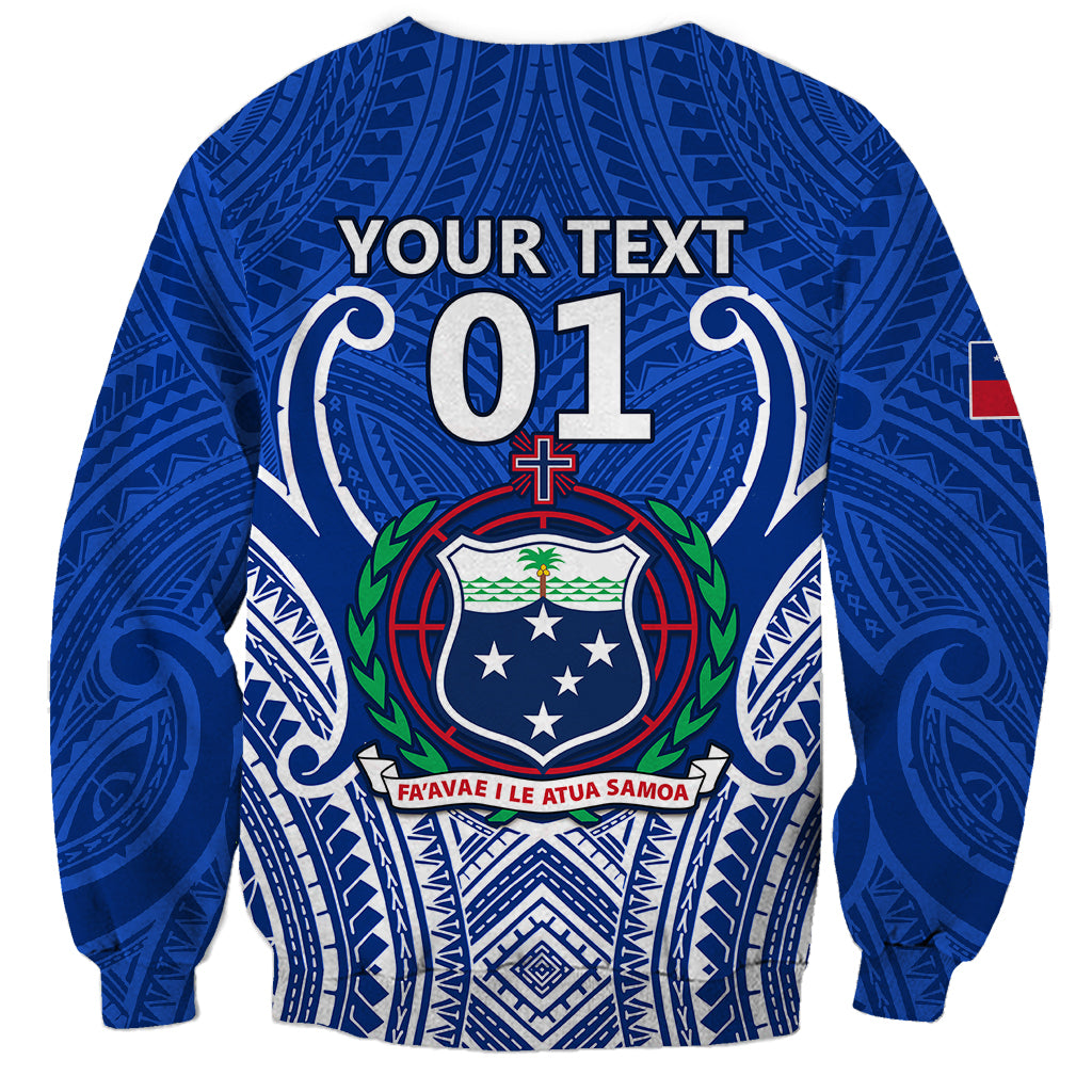 Blue rugby sweatshirt back with YOUR TEXT, 01, Samoa crest, and long sleeves