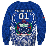 Blue rugby sweatshirt back with YOUR TEXT, 01, Samoa crest, and long sleeves