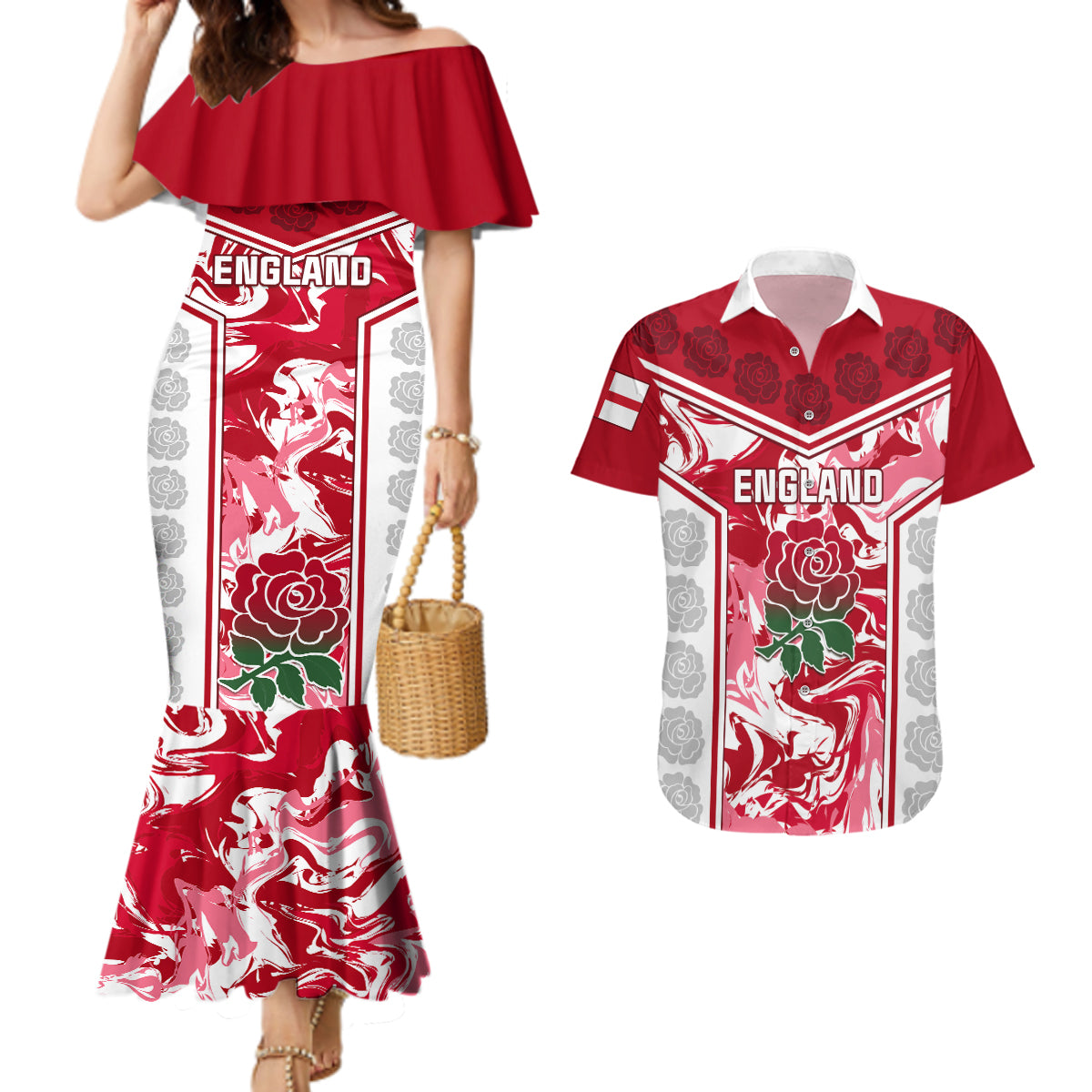 England Rugby Couples Matching Mermaid Dress and Hawaiian Shirt The Red Rose Come On 2023 World Cup - Wonder Print Shop