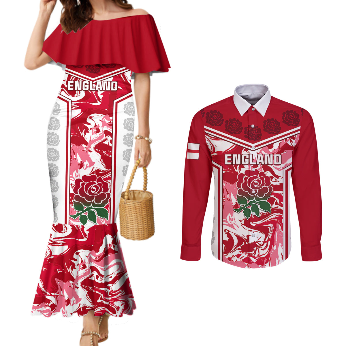 england-rugby-couples-matching-mermaid-dress-and-long-sleeve-button-shirts-the-red-rose-come-on-2023-world-cup