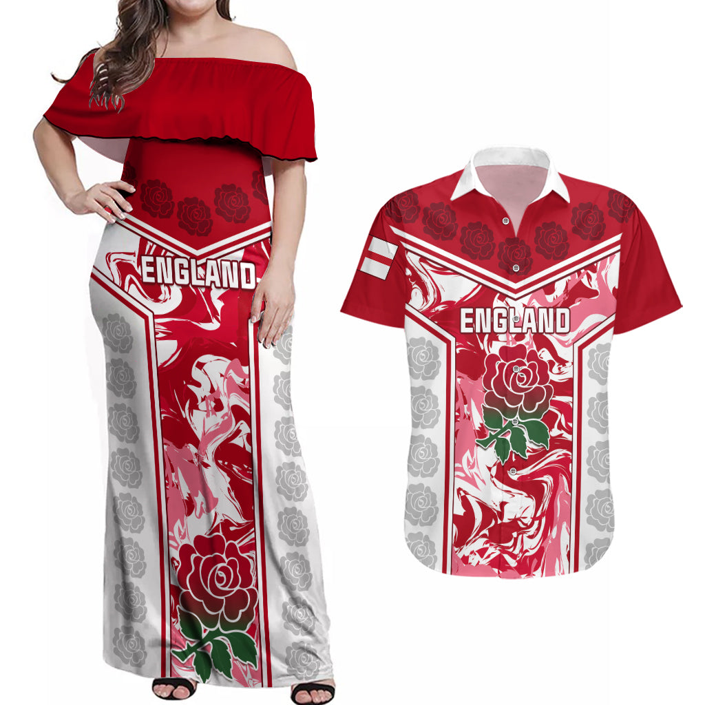 England Rugby Couples Matching Off Shoulder Maxi Dress and Hawaiian Shirt The Red Rose Come On 2023 World Cup - Wonder Print Shop