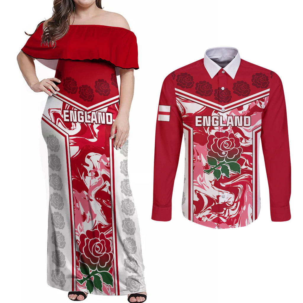 England Rugby Couples Matching Off Shoulder Maxi Dress and Long Sleeve Button Shirts The Red Rose Come On 2023 World Cup - Wonder Print Shop