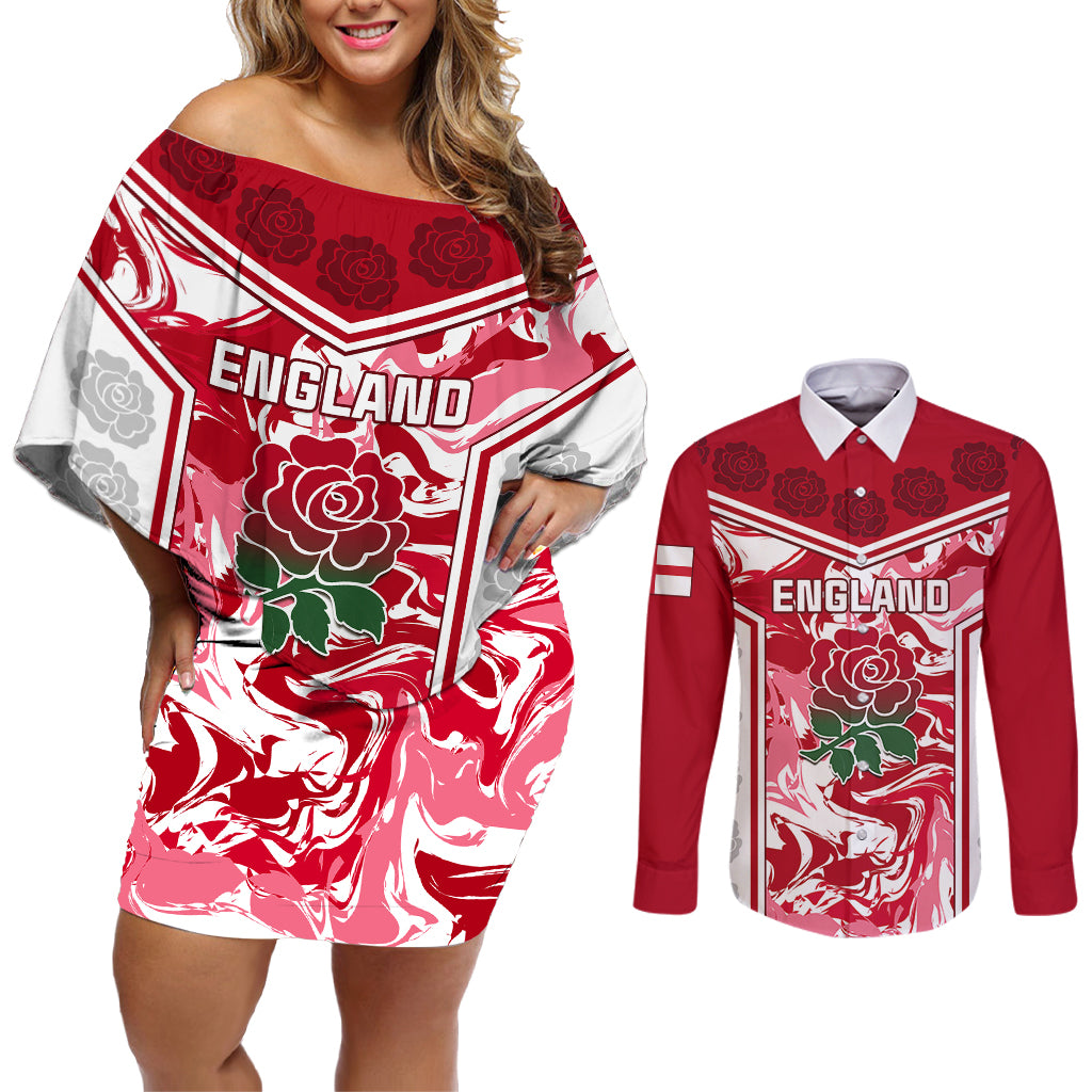 England Rugby Couples Matching Off Shoulder Short Dress and Long Sleeve Button Shirts The Red Rose Come On 2023 World Cup - Wonder Print Shop