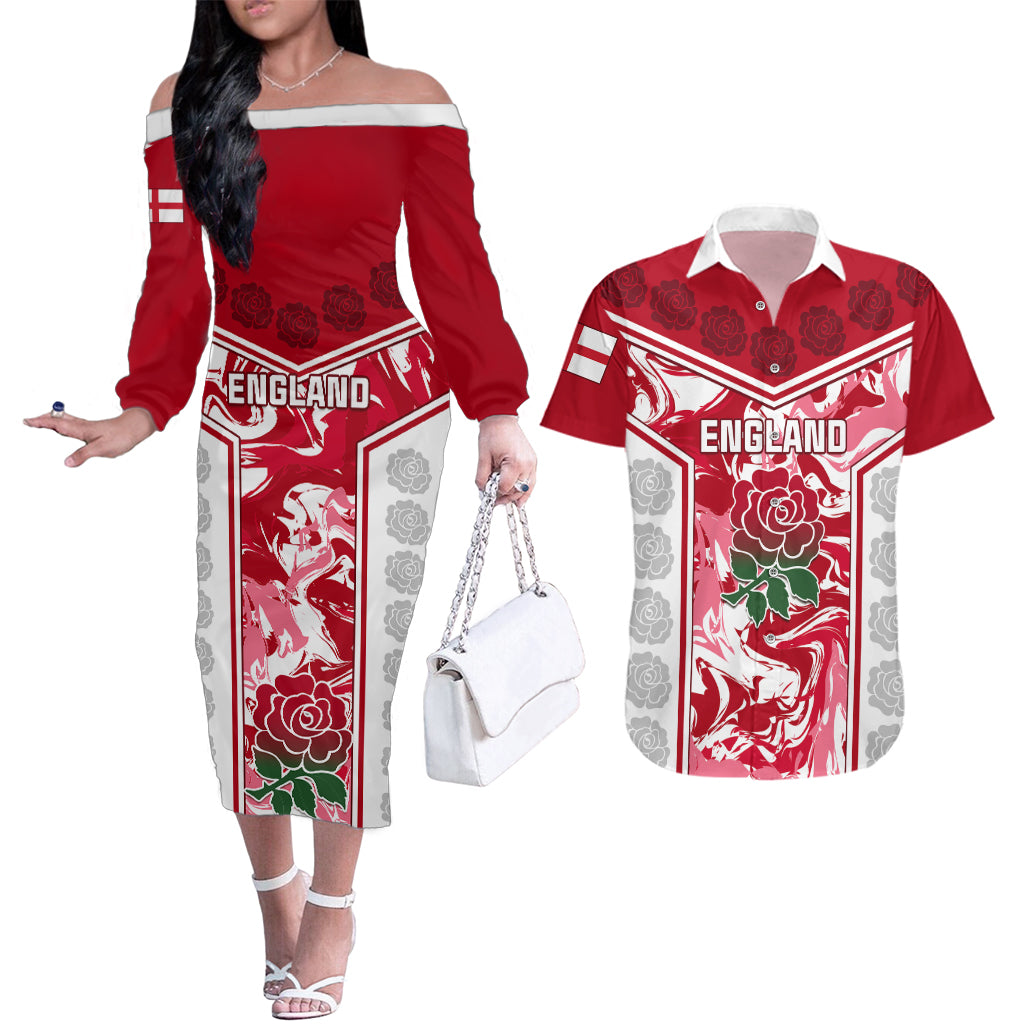 England Rugby Couples Matching Off The Shoulder Long Sleeve Dress and Hawaiian Shirt The Red Rose Come On 2023 World Cup - Wonder Print Shop