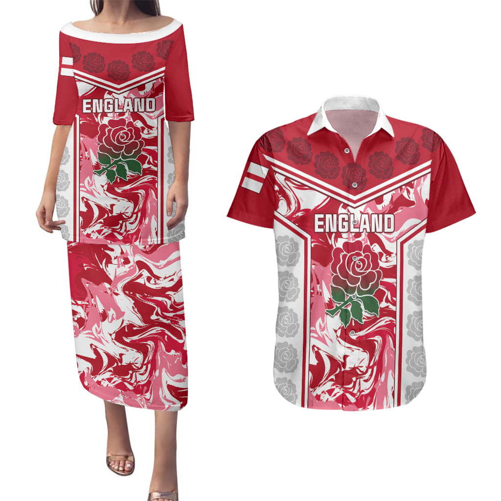 England Rugby Couples Matching Puletasi Dress and Hawaiian Shirt The Red Rose Come On 2023 World Cup - Wonder Print Shop