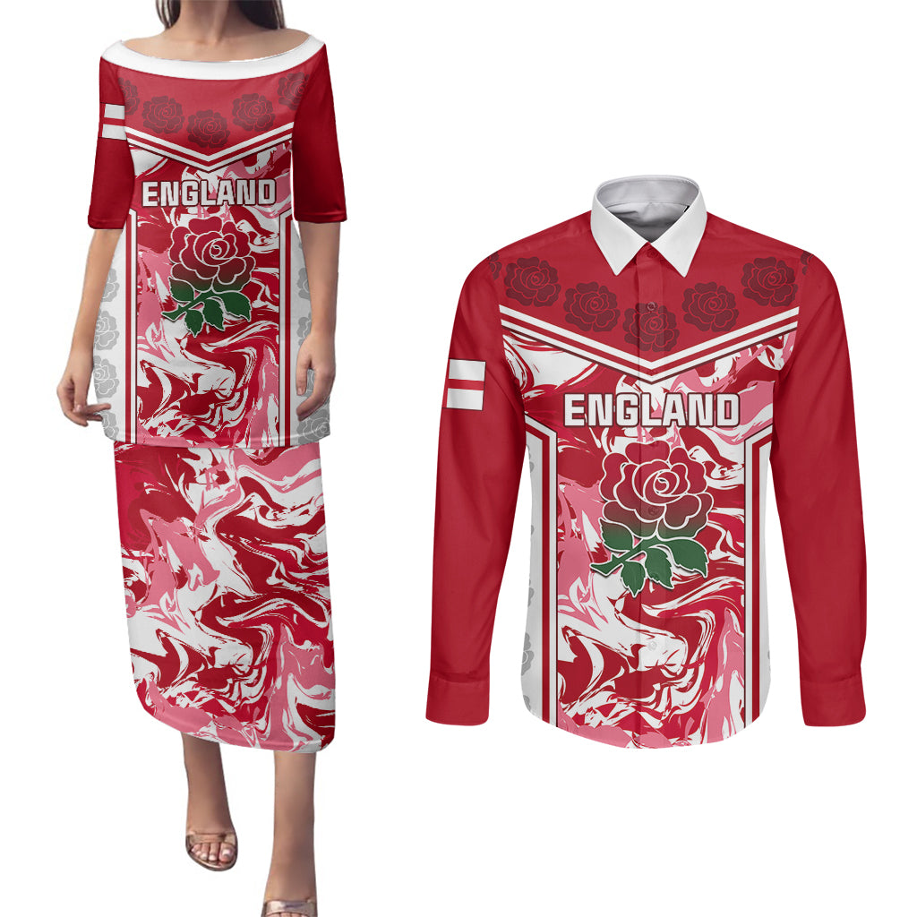 England Rugby Couples Matching Puletasi Dress and Long Sleeve Button Shirts The Red Rose Come On 2023 World Cup - Wonder Print Shop